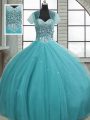Ball Gowns Quince Ball Gowns Aqua Blue Sweetheart Tulle Sleeveless Floor Length Lace Up