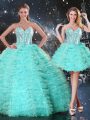 Cheap Floor Length Lace Up 15 Quinceanera Dress Turquoise for Military Ball and Sweet 16 and Quinceanera with Beading and Ruffled Layers