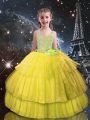 Simple Light Yellow Straps Lace Up Beading and Ruffled Layers Pageant Dress for Teens Sleeveless