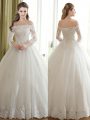 White Wedding Gown Wedding Party with Lace and Appliques Off The Shoulder 3 4 Length Sleeve Lace Up