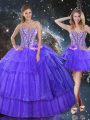 Purple Ball Gowns Sweetheart Sleeveless Organza Floor Length Lace Up Beading and Ruffled Layers Sweet 16 Dresses