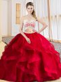 One Shoulder Sleeveless Tulle Quince Ball Gowns Beading and Ruffles Criss Cross