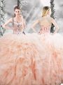 Flirting Peach Sleeveless Beading and Ruffles Floor Length Sweet 16 Dresses