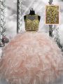 Dramatic Sleeveless Floor Length Beading and Ruffles Zipper Quinceanera Dresses with Peach