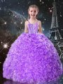 Super Lilac Organza Lace Up Straps Sleeveless Floor Length Little Girls Pageant Gowns Beading and Ruffles