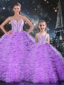 Graceful Sleeveless Floor Length Beading and Ruffles Lace Up Ball Gown Prom Dress with Lavender