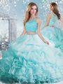 Flare Organza Scoop Sleeveless Clasp Handle Beading and Ruffles and Pick Ups 15 Quinceanera Dress in Aqua Blue