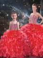 Coral Red Lace Up Sweet 16 Dress Beading and Ruffles Sleeveless Floor Length