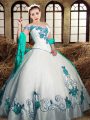 White Sleeveless Floor Length Embroidery Lace Up Quinceanera Dresses
