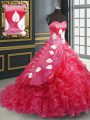 Coral Red Sleeveless Brush Train Embroidery and Ruffled Layers Quinceanera Gown
