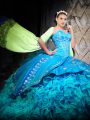 Organza Sleeveless Vestidos de Quinceanera Brush Train and Embroidery and Ruffles
