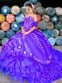 Purple Ball Gowns Sweetheart Sleeveless Organza Brush Train Lace Up Embroidery and Ruffles 15 Quinceanera Dress