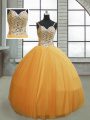 Ball Gowns 15 Quinceanera Dress Gold Spaghetti Straps Tulle Sleeveless Floor Length Lace Up
