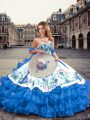 Classical Embroidery and Ruffled Layers 15 Quinceanera Dress Blue And White Lace Up Sleeveless Floor Length