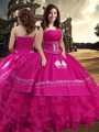 Shining Hot Pink Strapless Neckline Embroidery and Ruffled Layers Quince Ball Gowns Sleeveless Zipper