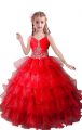 Dynamic Red Ball Gowns Organza V-neck Sleeveless Beading and Ruffled Layers Floor Length Zipper High School Pageant Dress