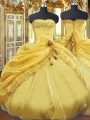 Sleeveless Floor Length Beading and Pick Ups Lace Up Quinceanera Dress with Gold