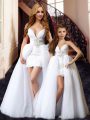 Sleeveless Tulle Floor Length Lace Up Prom Party Dress in White with Beading and Lace