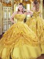 Traditional Gold Sleeveless Beading and Appliques and Hand Made Flower Floor Length Quinceanera Gown