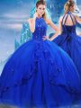 Inexpensive Royal Blue Sleeveless Tulle Brush Train Lace Up Ball Gown Prom Dress for Military Ball and Sweet 16 and Quinceanera