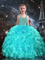 Flare Aqua Blue Ball Gowns Organza Straps Sleeveless Beading and Ruffles Floor Length Lace Up Child Pageant Dress