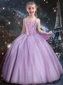 Low Price Floor Length Lace Up Little Girls Pageant Gowns Lilac for Quinceanera and Wedding Party with Beading