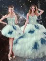 Blue And White Three Pieces Tulle Sweetheart Sleeveless Ruffled Layers Floor Length Lace Up Quinceanera Dress