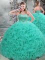 Fashionable Lace Up Ball Gown Prom Dress Turquoise for Military Ball and Sweet 16 and Quinceanera with Beading Brush Train