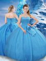 Deluxe Baby Blue Tulle Lace Up Quinceanera Dress Sleeveless Floor Length Bowknot