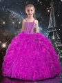 Fabulous Fuchsia Lace Up Kids Pageant Dress Beading and Ruffles Sleeveless Floor Length