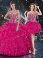 Hot Pink Organza Lace Up Quince Ball Gowns Sleeveless Floor Length Beading and Ruffles
