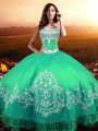 Charming Floor Length Lace Up Quinceanera Gowns Turquoise for Military Ball and Sweet 16 and Quinceanera with Beading and Appliques