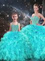 Organza Sweetheart Sleeveless Lace Up Beading and Ruffles Quinceanera Gowns in Aqua Blue