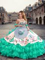 Dramatic Sleeveless Floor Length Embroidery and Ruffled Layers Lace Up 15 Quinceanera Dress with Turquoise