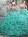 Turquoise Organza Lace Up Quinceanera Gowns Sleeveless Brush Train Beading and Pick Ups