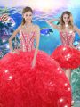 Top Selling Coral Red Quince Ball Gowns Military Ball and Sweet 16 and Quinceanera with Beading and Ruffles Sweetheart Sleeveless Lace Up