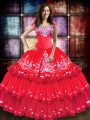 Fashionable Coral Red Taffeta Lace Up Sweet 16 Dress Sleeveless Floor Length Embroidery and Ruffled Layers