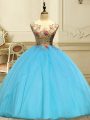 Fantastic Sleeveless Organza Floor Length Lace Up Ball Gown Prom Dress in Baby Blue with Appliques