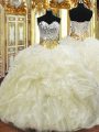 Fine Organza Sweetheart Sleeveless Lace Up Beading and Ruffles Quinceanera Gowns in Light Yellow
