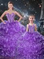 Modest Sleeveless Floor Length Beading and Ruffles Lace Up Sweet 16 Dress with Eggplant Purple