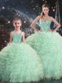 Inexpensive Sleeveless Floor Length Beading and Ruffles Lace Up Ball Gown Prom Dress with Apple Green
