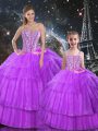 Deluxe Sleeveless Floor Length Beading and Ruffled Layers Lace Up 15 Quinceanera Dress with Purple