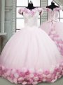 Pink Ball Gowns Fabric With Rolling Flowers Off The Shoulder Sleeveless Hand Made Flower Lace Up Ball Gown Prom Dress Brush Train