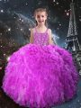 Sleeveless Floor Length Beading and Ruffles Lace Up Little Girl Pageant Gowns with Fuchsia