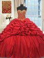 Beading and Pick Ups Quinceanera Dresses Red Lace Up Sleeveless Brush Train