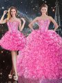 Excellent Rose Pink Organza Lace Up Sweetheart Sleeveless Floor Length Quinceanera Gowns Beading and Ruffles
