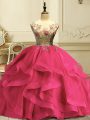 Flirting Sleeveless Floor Length Appliques and Ruffles Lace Up Sweet 16 Dresses with Hot Pink