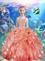 Watermelon Red Sleeveless Beading and Ruffles Floor Length Pageant Dress for Girls