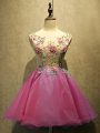 Mini Length Hot Pink Dress for Prom Organza Sleeveless Embroidery
