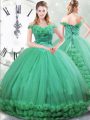 Fancy Off The Shoulder Sleeveless Brush Train Lace Up Quinceanera Dress Turquoise Fabric With Rolling Flowers